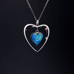 Double Heart Love Pendant Abalone Shell Blue Y2K Style Silver Chain Necklace